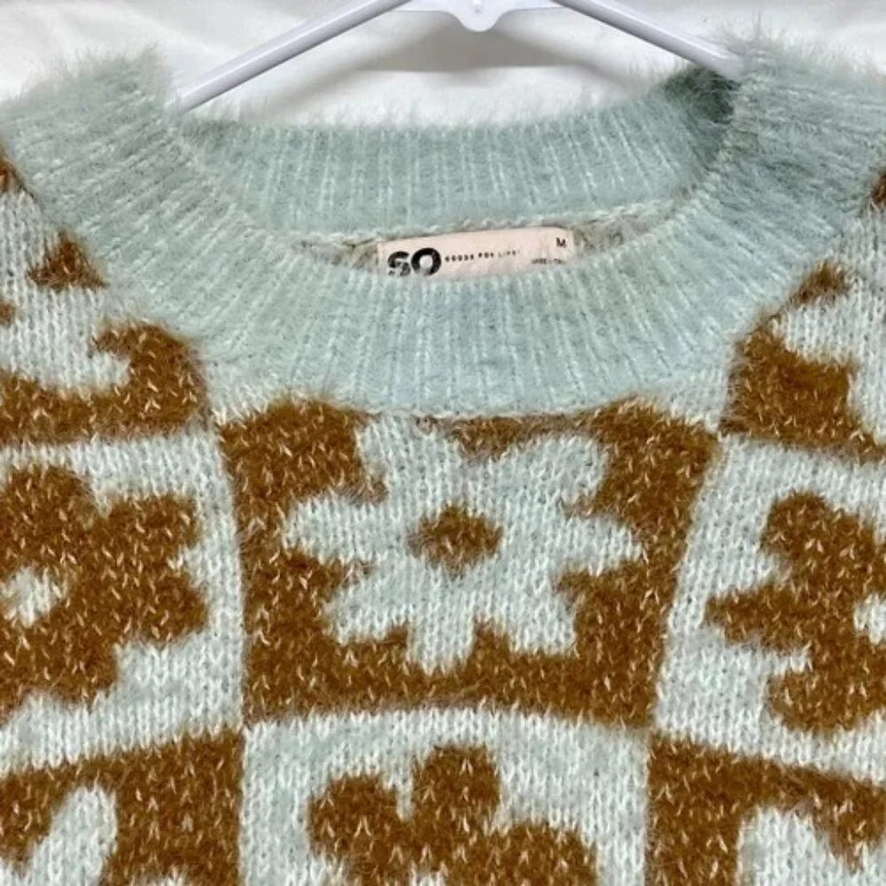 SO Fuzzy Sweater Women Med Mint + Brown‎ Floral Crop Goods For Life Long Sleeve